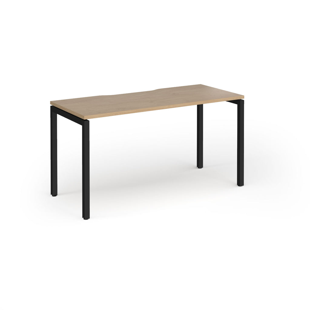 Rectangular desk with wood-effect top and black legs on a white background