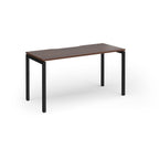Rectangular desk with wood-effect top and black legs on a white background