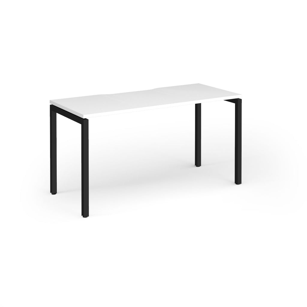 Rectangular desk with white top and black legs on a white background