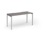 Rectangular desk with grey wood-effect top and silver legs on a white background