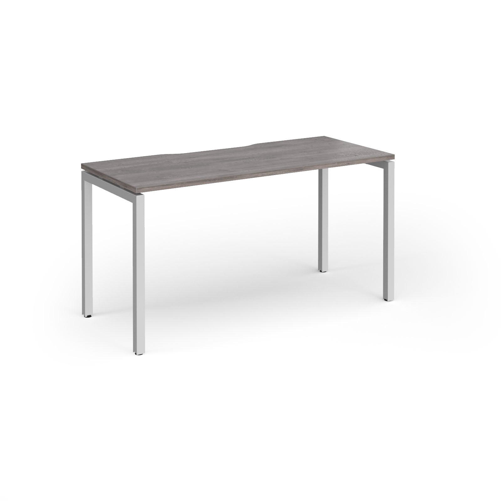 Rectangular desk with grey wood-effect top and silver legs on a white background