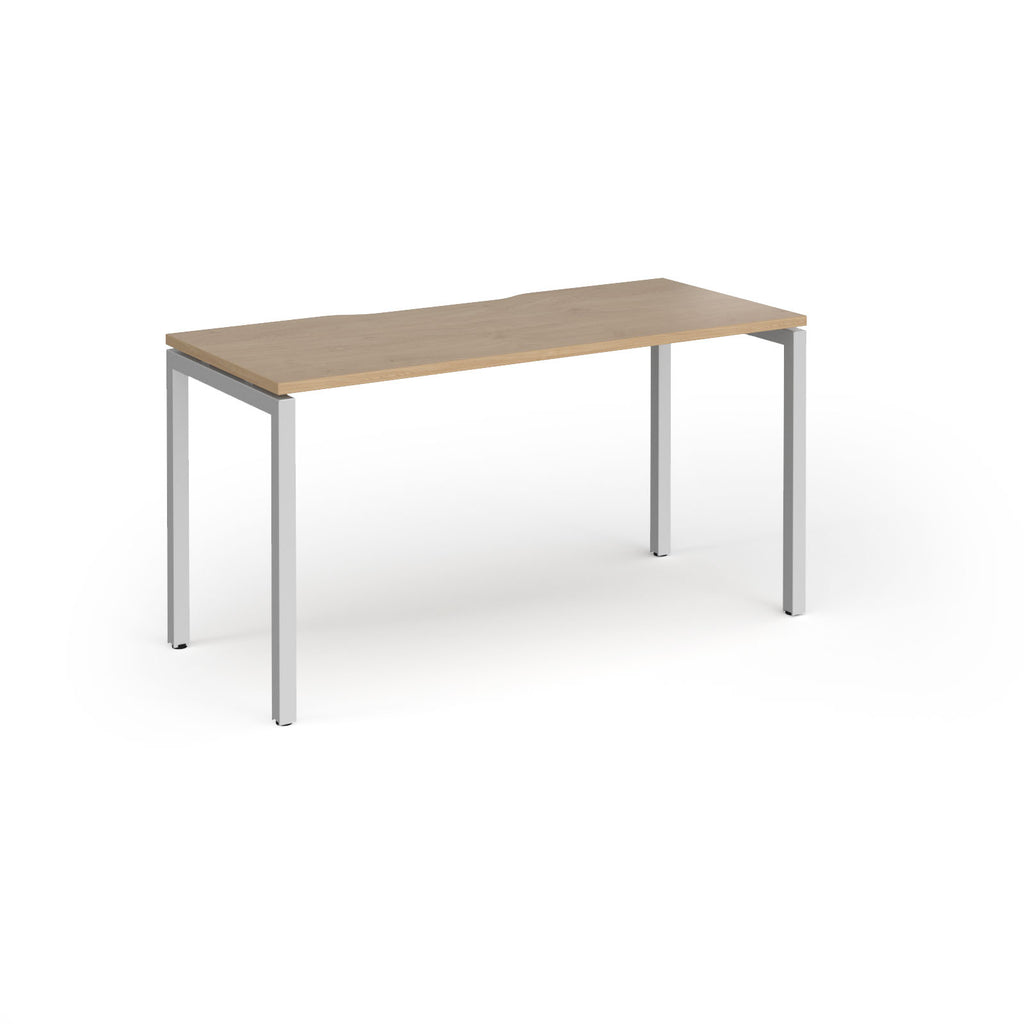 Rectangular desk with wood-effect top and silver legs on a white background