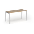 Rectangular desk with wood-effect top and silver legs on a white background