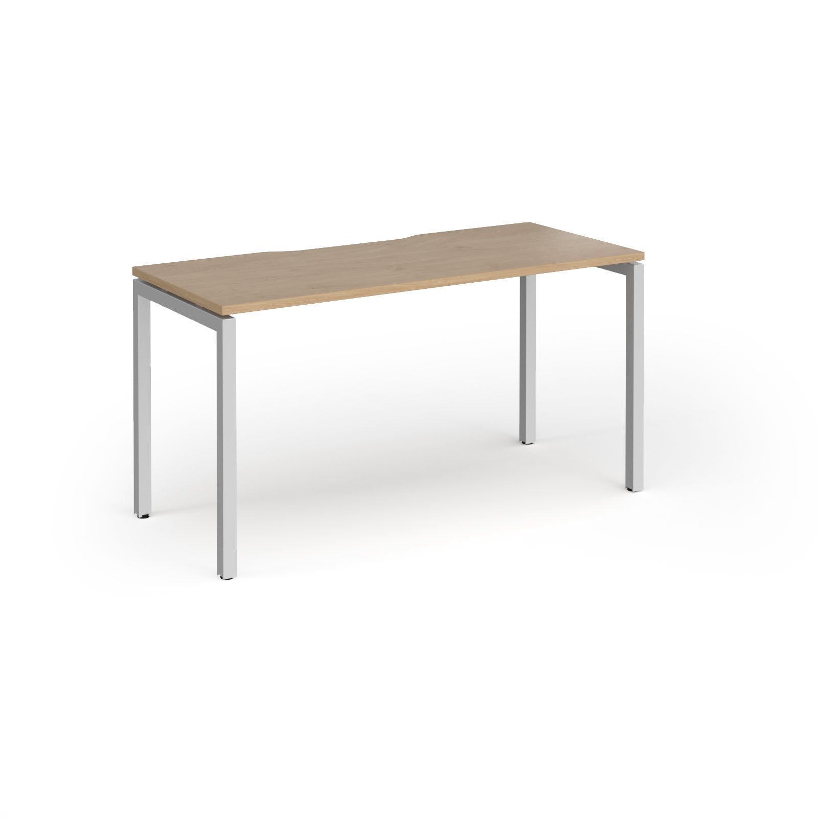 Rectangular desk with wood-effect top and silver legs on a white background