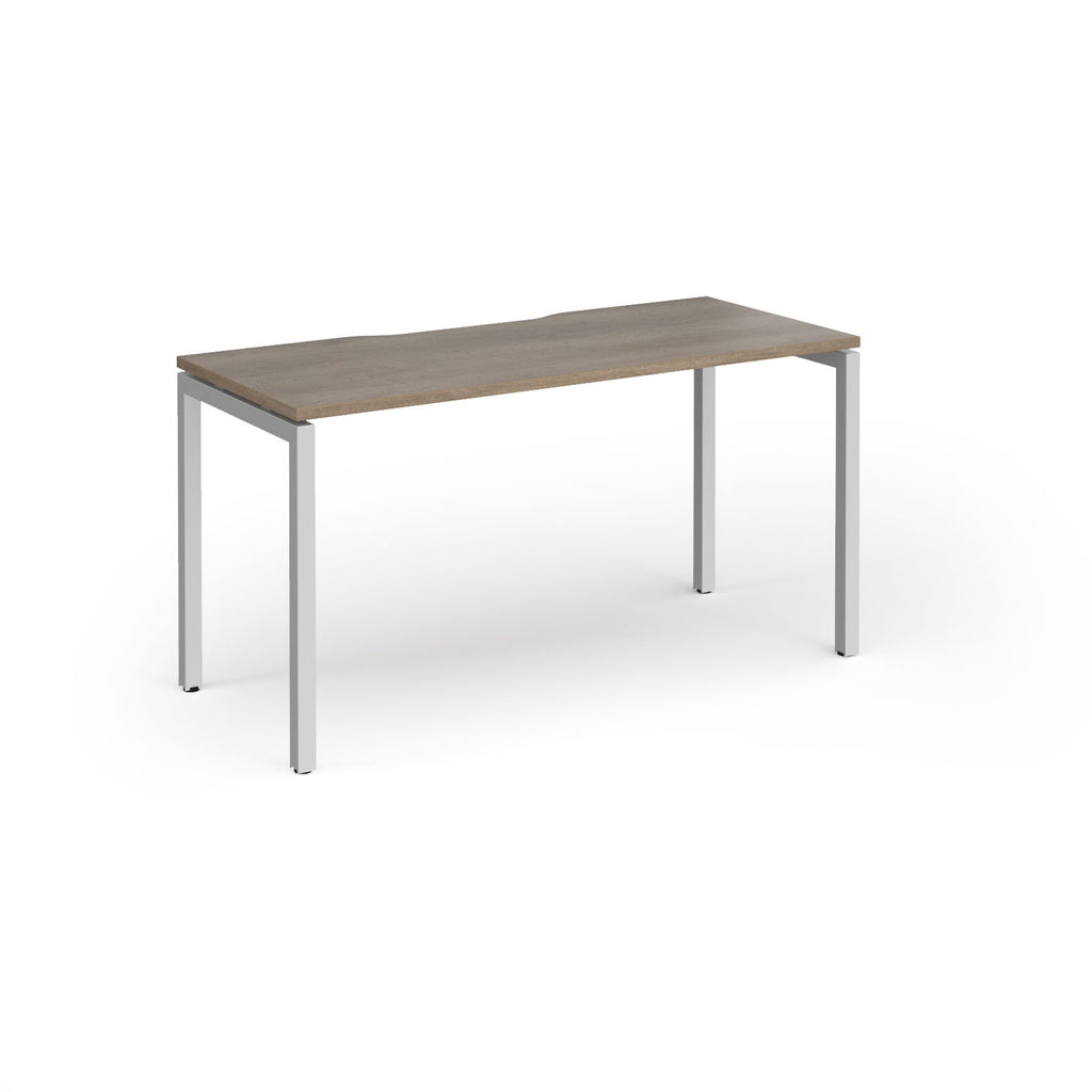 Rectangular desk with wood-effect top and silver legs on a white background