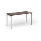 Rectangular desk with wood-effect top and silver legs on a white background