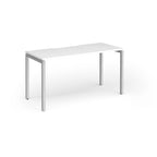 Rectangular desk with white top and silver legs on a white background