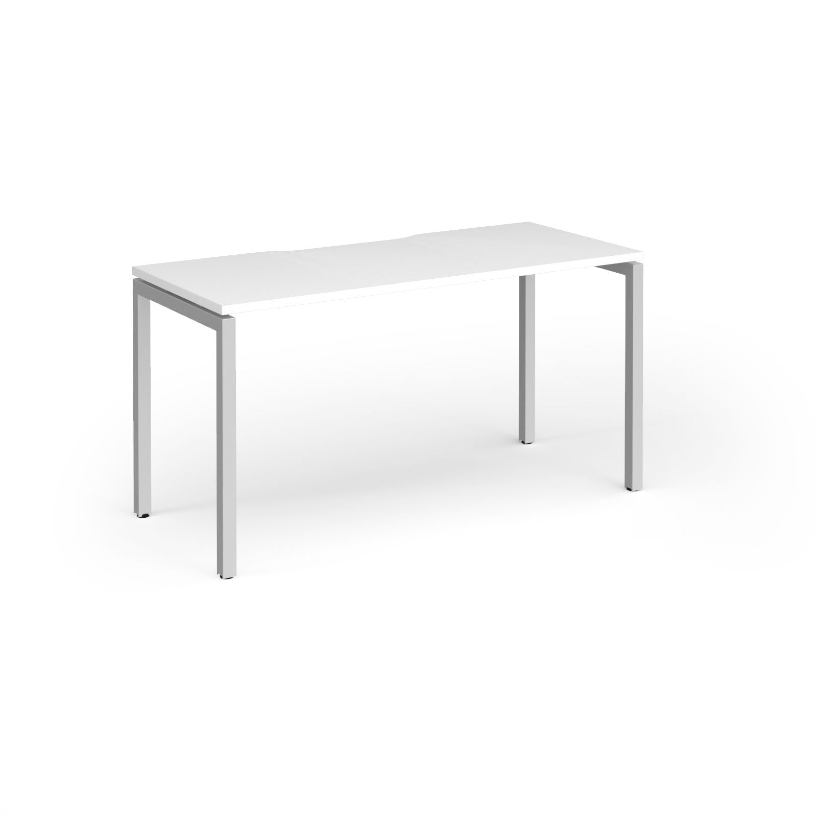 Rectangular desk with white top and silver legs on a white background