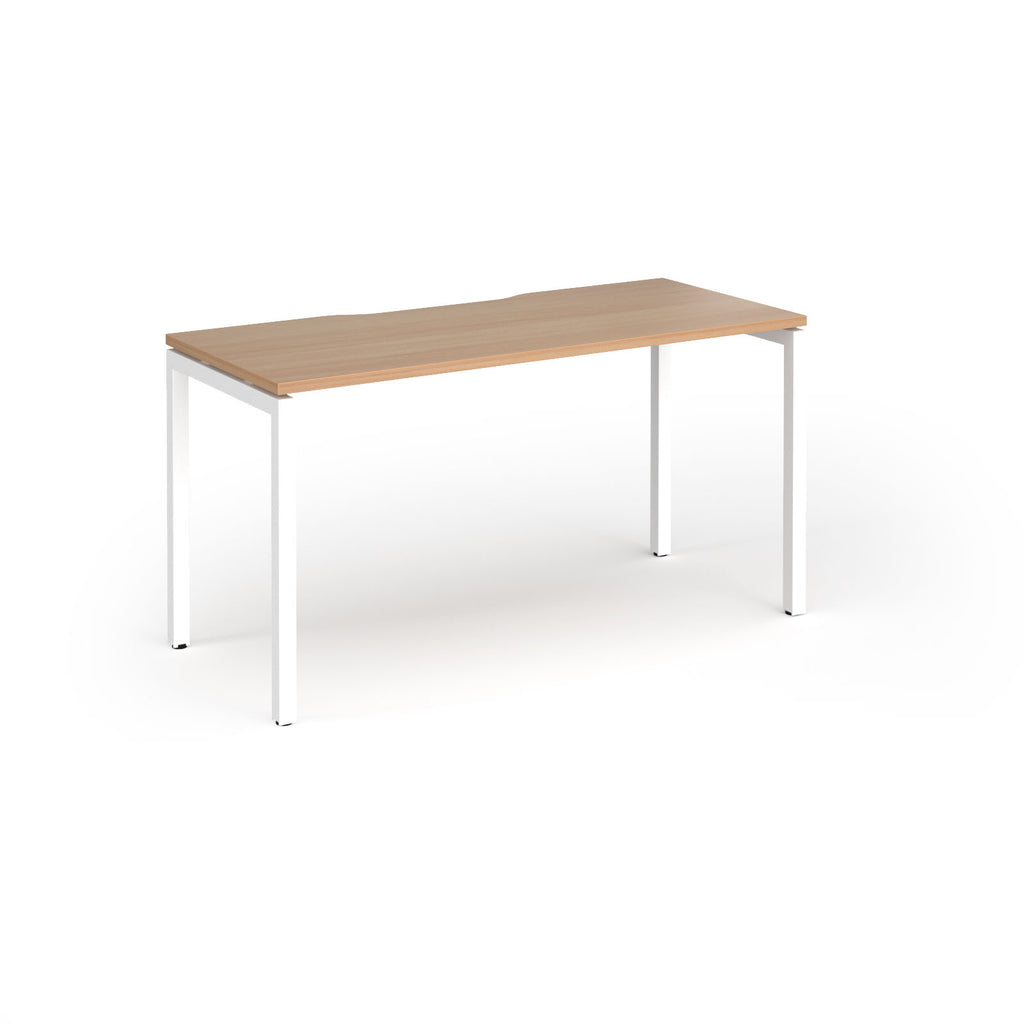 Rectangular desk with wood-effect top and white legs on a white background