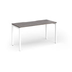 Rectangular desk with grey wood-effect top and white legs on a white background