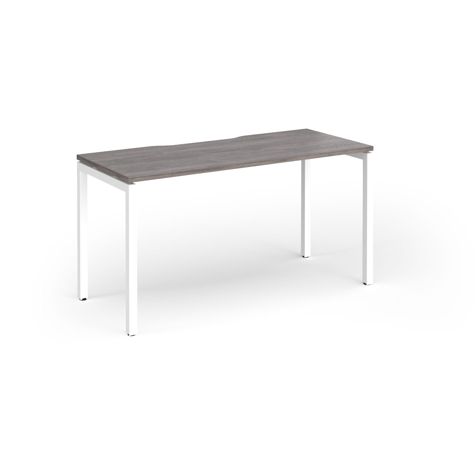 Rectangular desk with grey wood-effect top and white legs on a white background