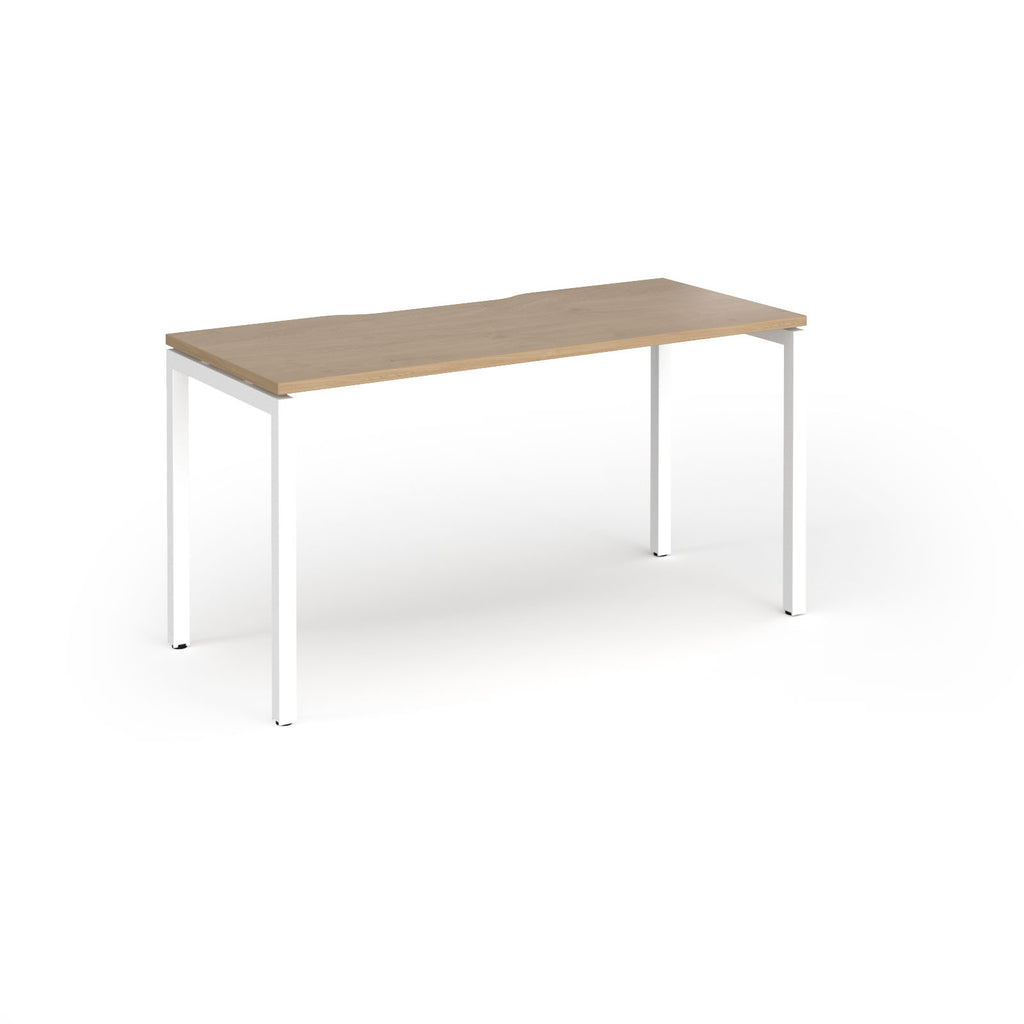 Rectangular desk with wood-effect top and white legs on a white background