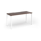 Rectangular desk with wood-effect top and white legs on a white background