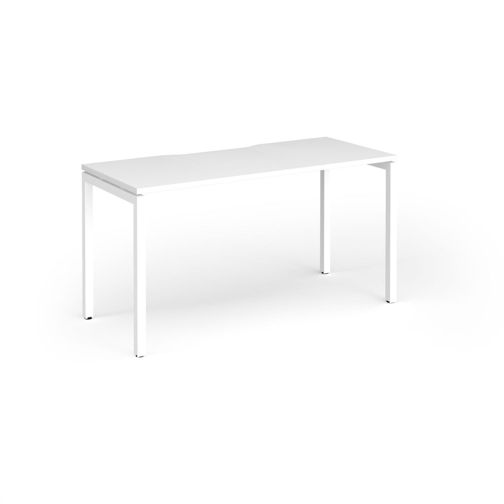 Rectangular desk with white top and metal legs on a white background