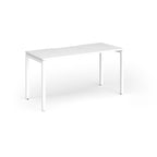 Rectangular desk with white top and metal legs on a white background