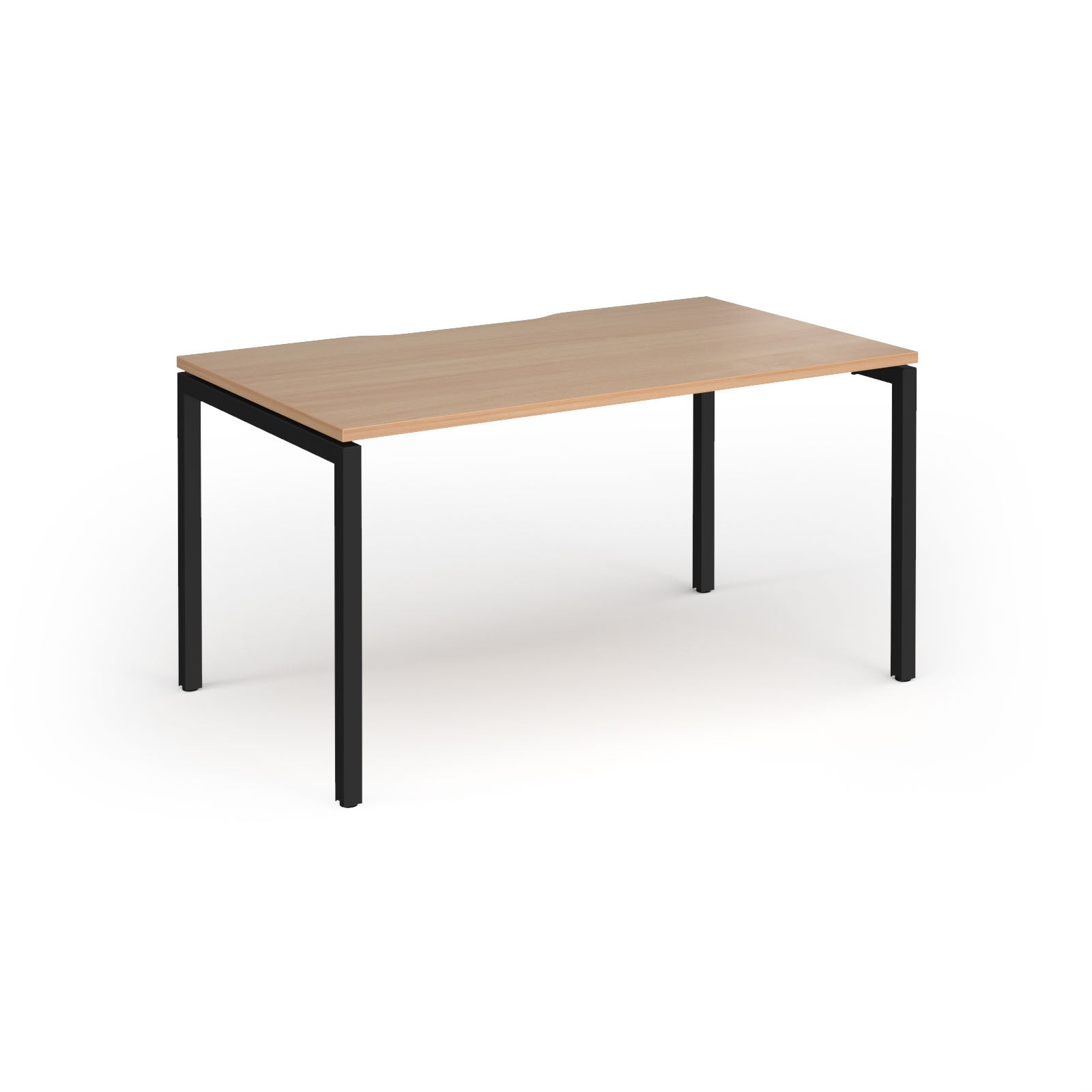 Rectangular desk with wood-effect top and black frame on a white background