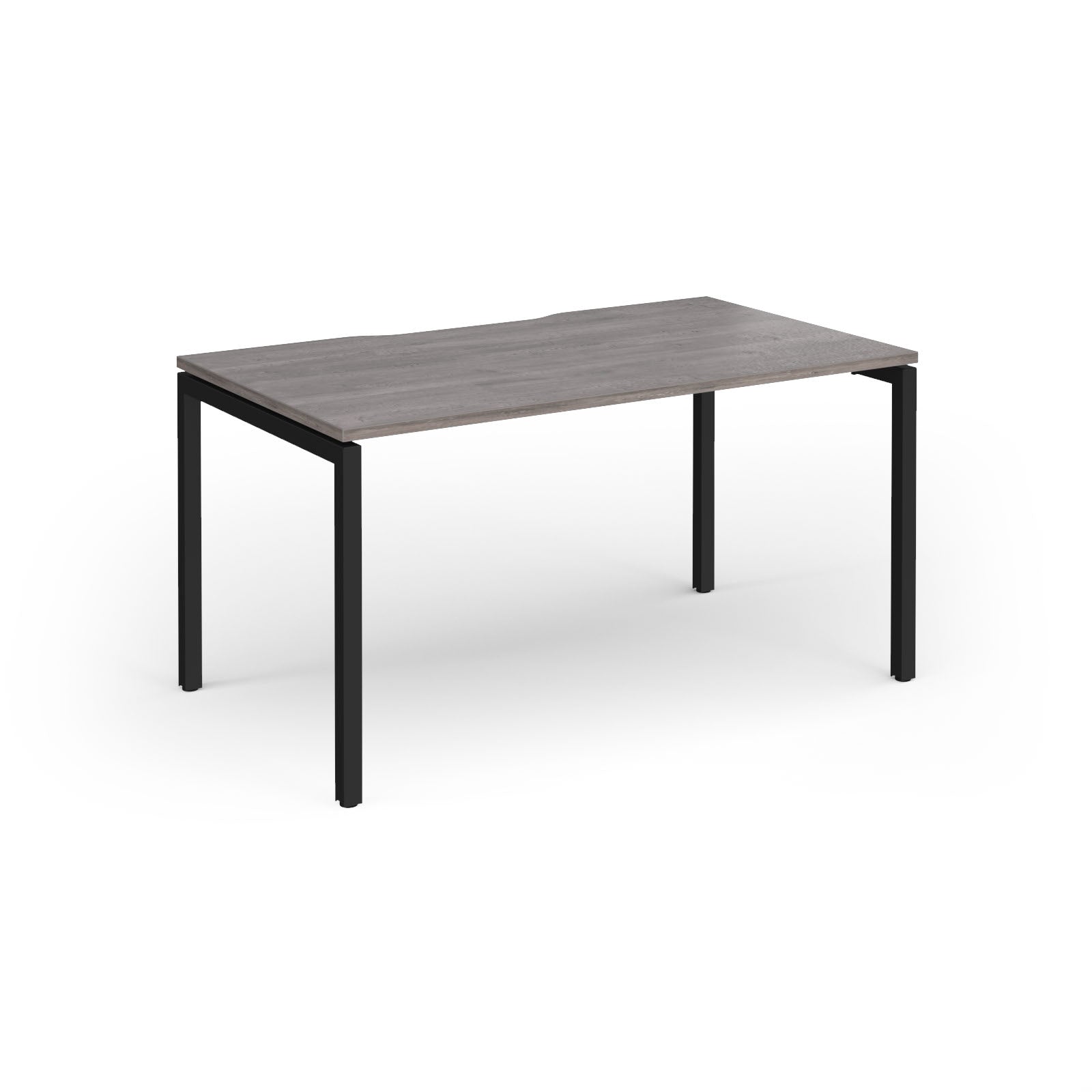 Rectangular desk with grey wood-effect top and black frame on a white background