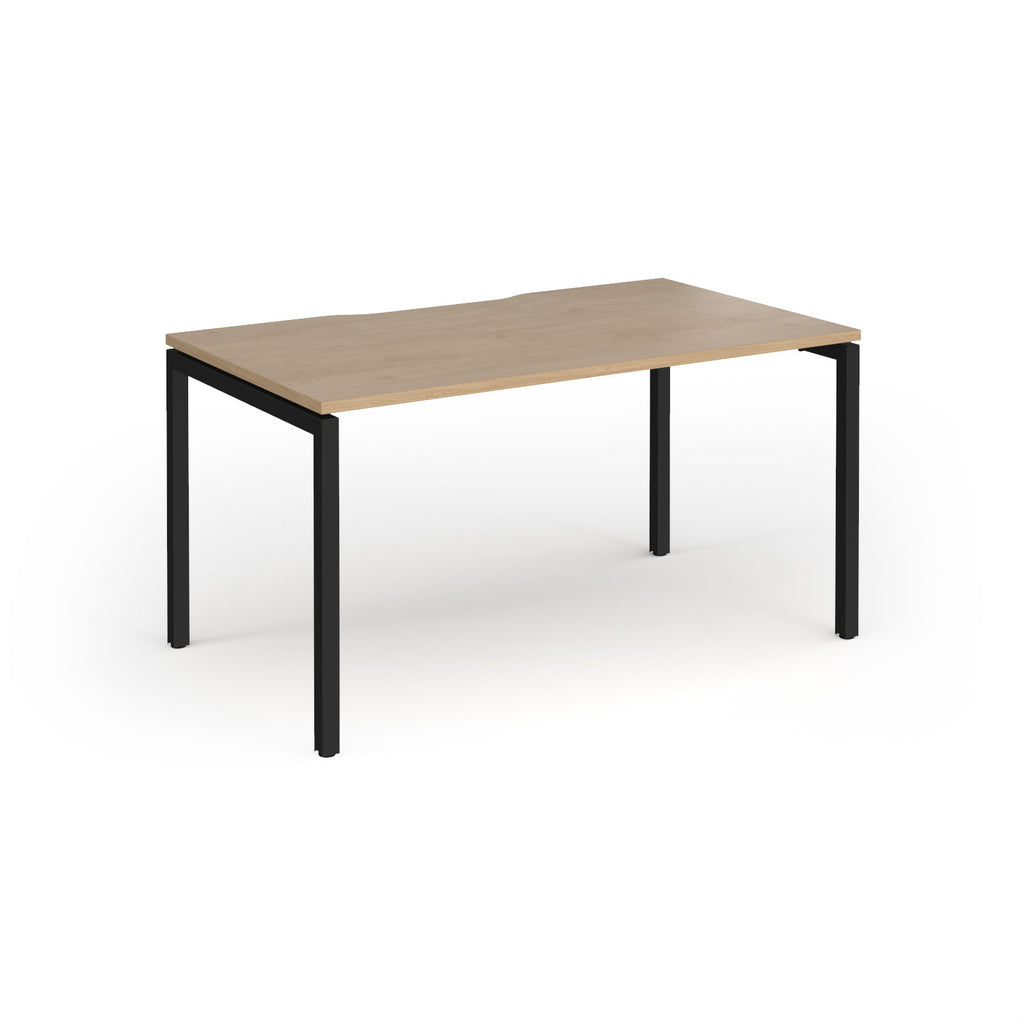 Rectangular desk with wood-effect top and black frame on a white background