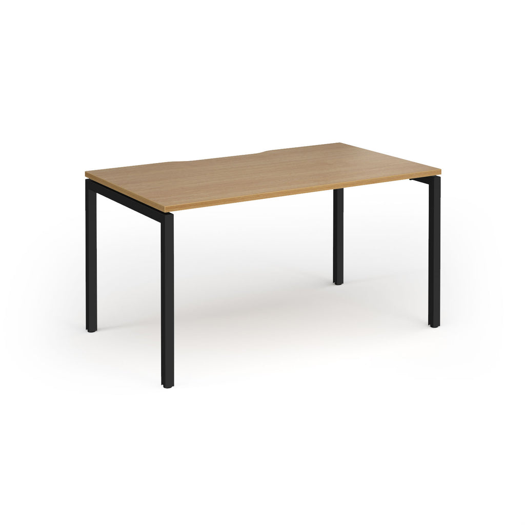 Rectangular desk with wood-effect top and black frame on a white background
