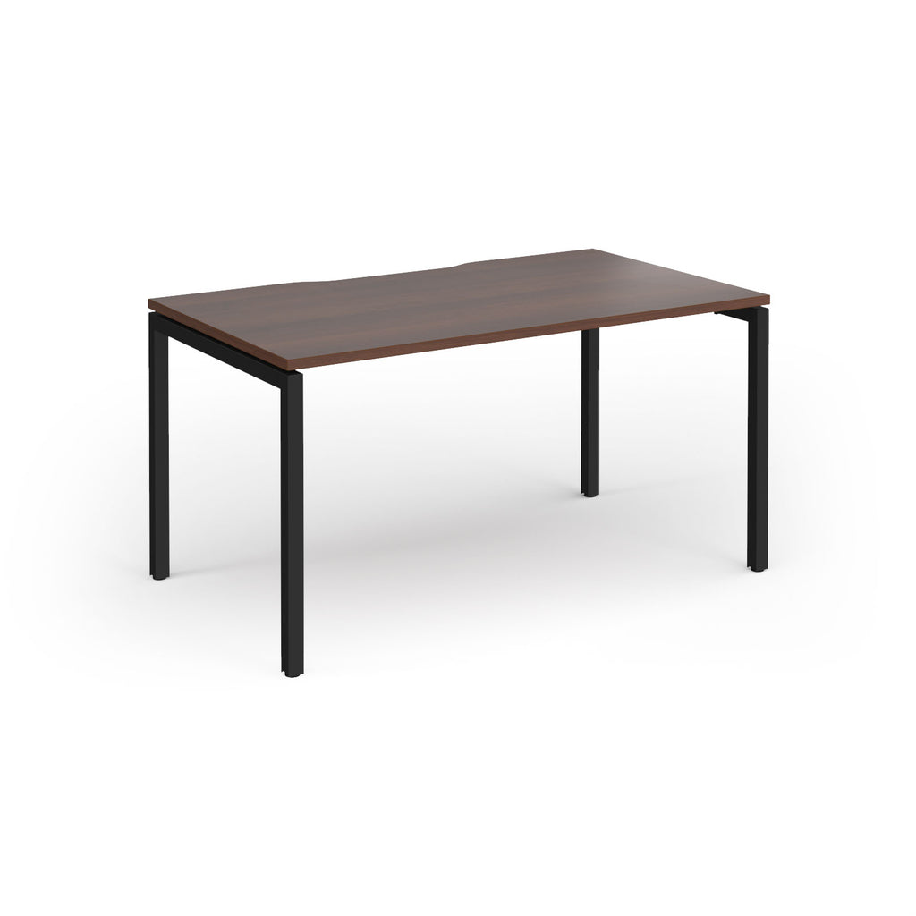 Rectangular desk with wood-effect top and black frame on a white background