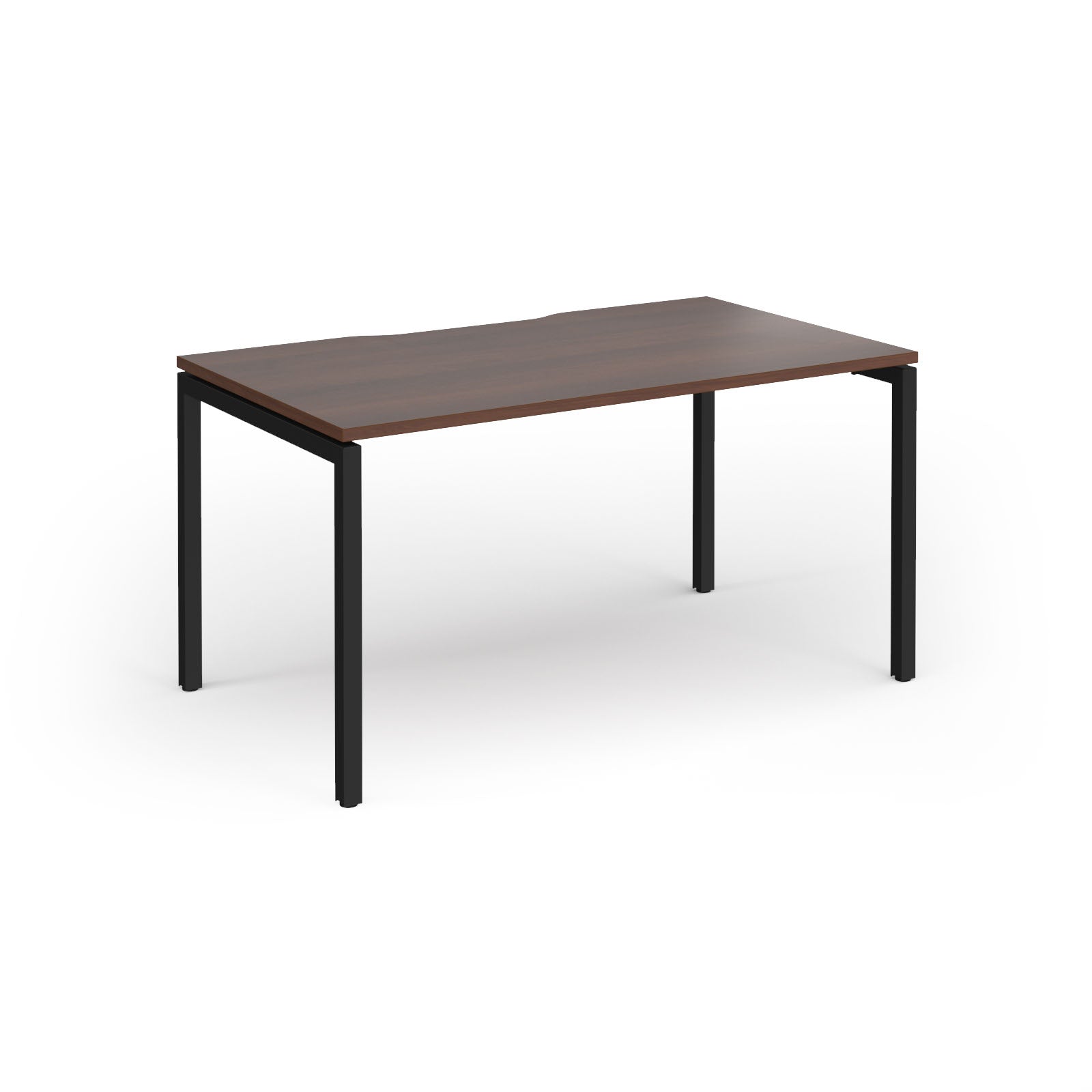 Rectangular desk with wood-effect top and black frame on a white background