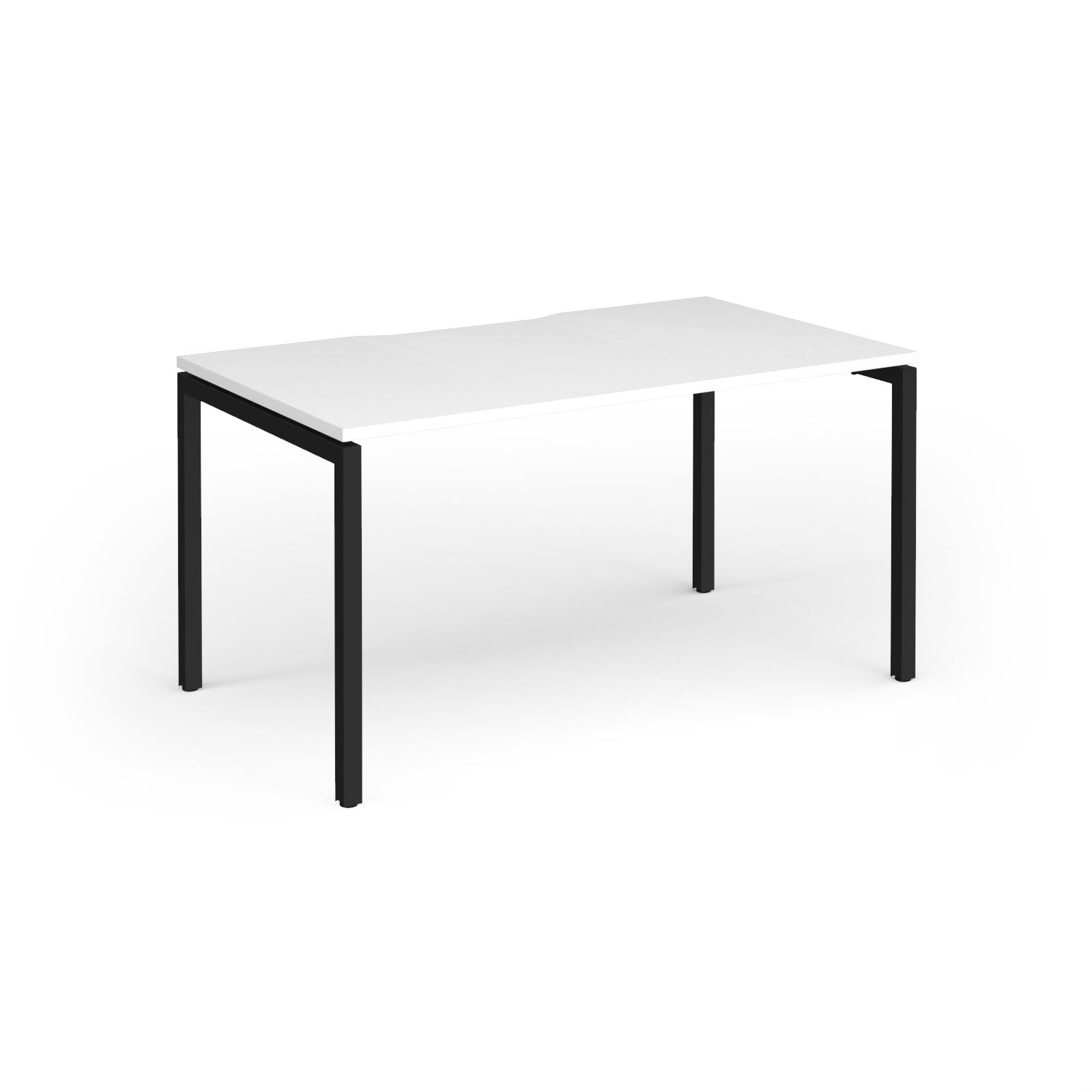 Rectangular desk with white top and black frame on a white background