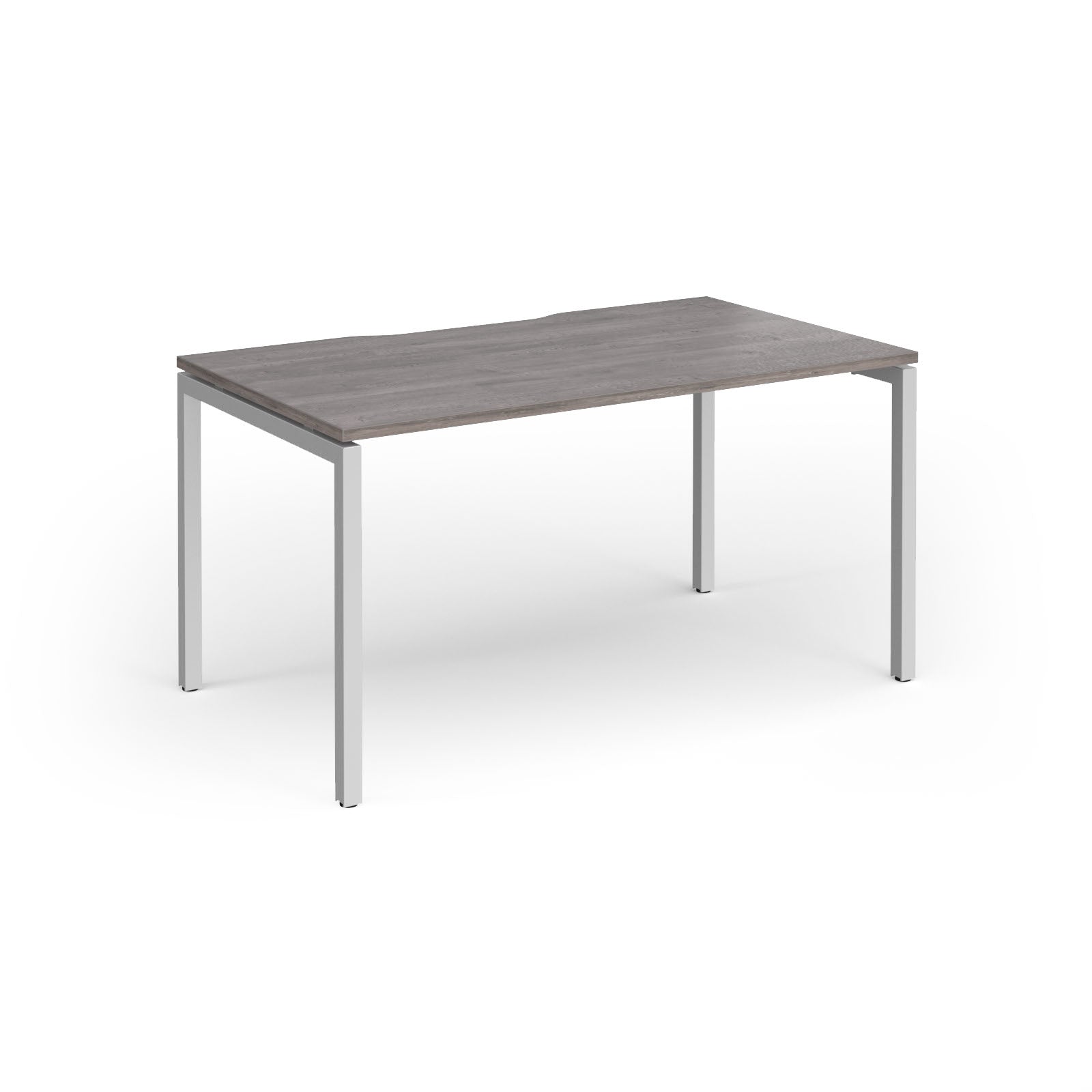 Rectangular desk with grey wood-effect top and silver frame on a white background