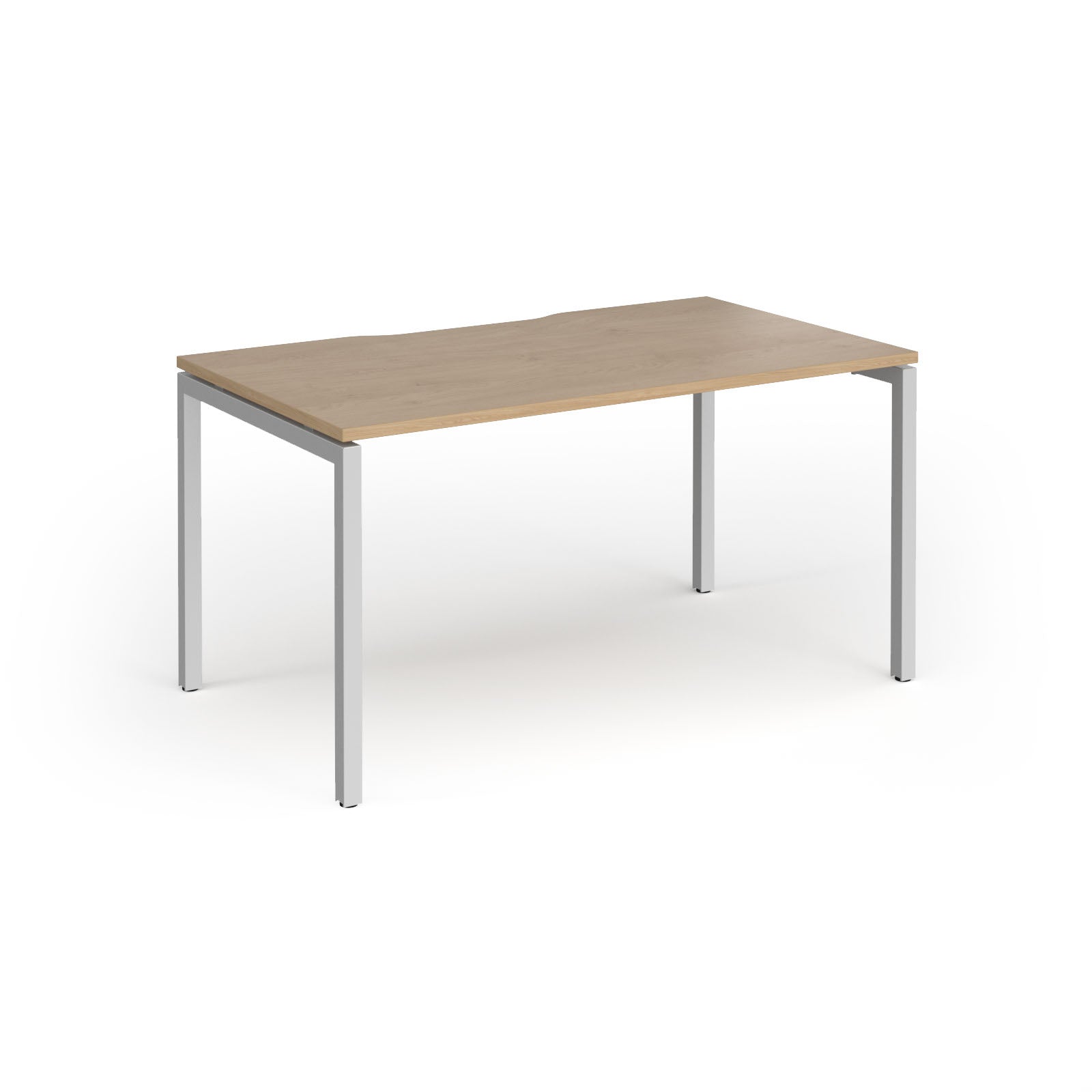 Rectangular desk with wood-effect top and silver frame on a white background