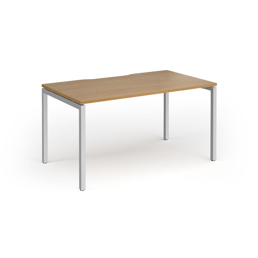 Rectangular desk with wood-effect top and silver frame on a white background
