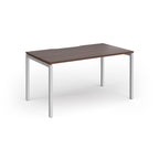 Rectangular desk with wood-effect top and silver frame on a white background