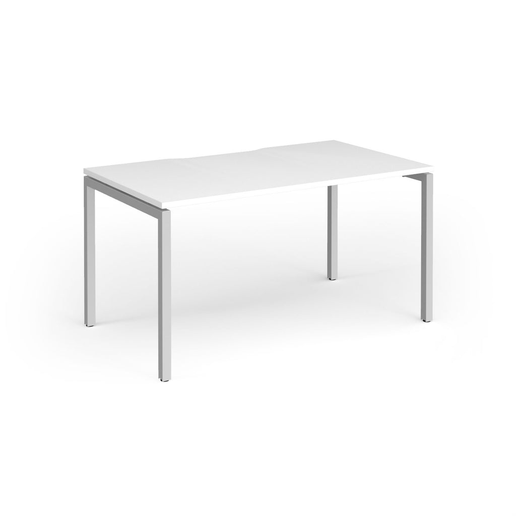 Rectangular desk with white top and silver frame on a white background