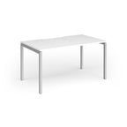 Rectangular desk with white top and silver frame on a white background