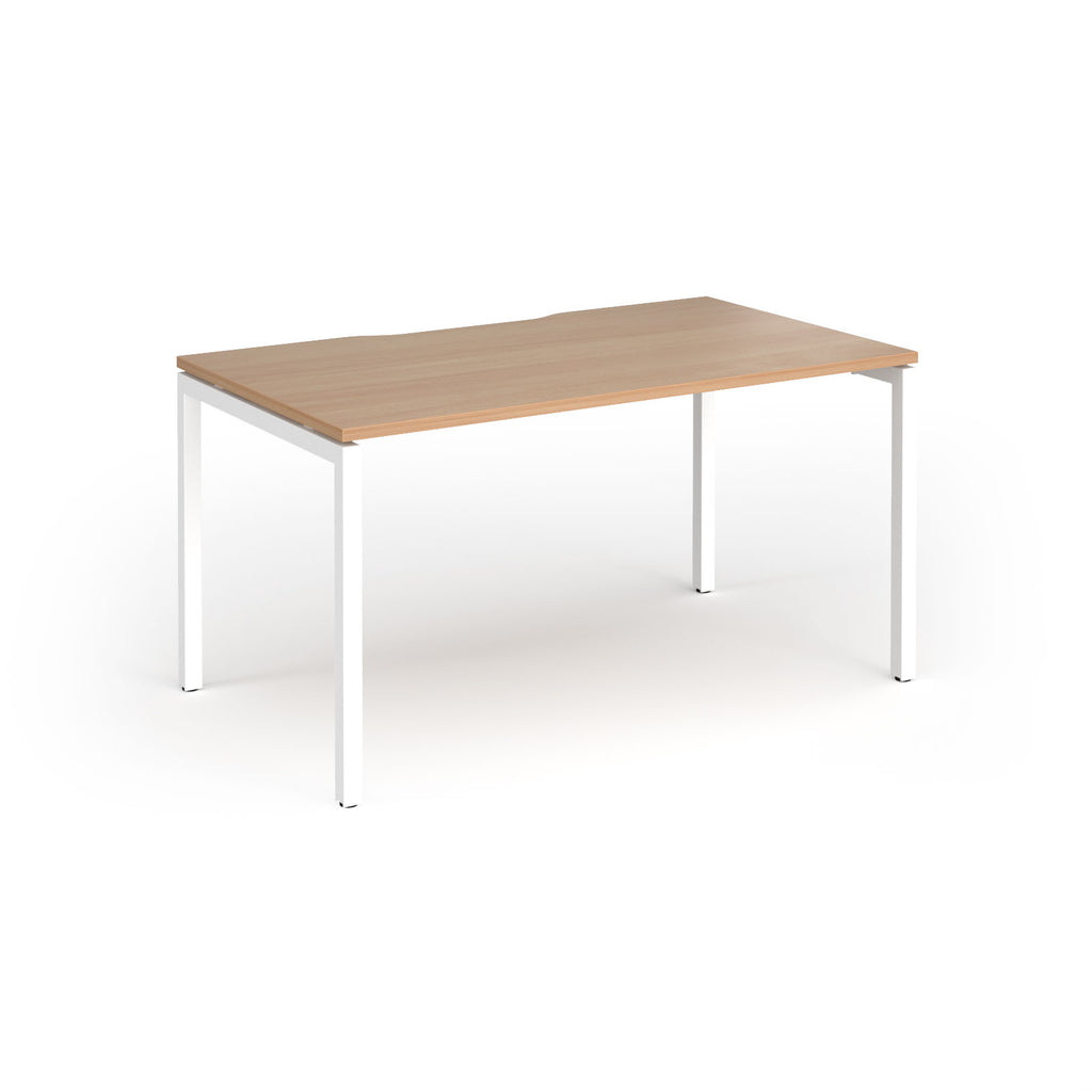 Rectangular desk with wood-effect top and white frame on a white background