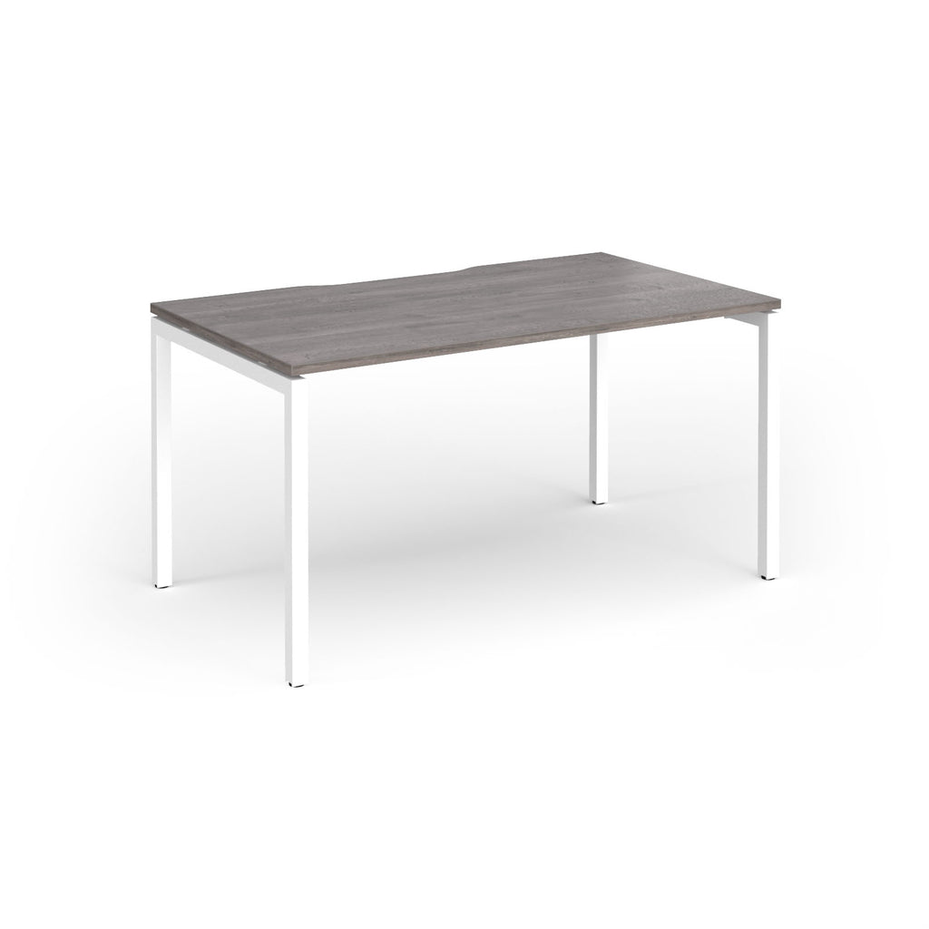 Rectangular desk with grey wood-effect top and white frame on a white background