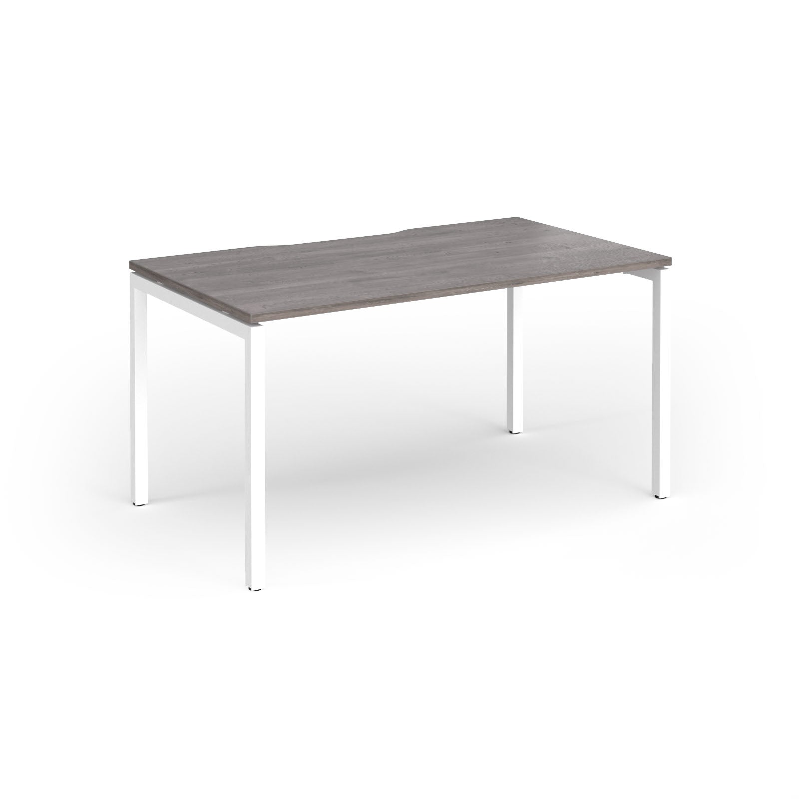Rectangular desk with grey wood-effect top and white frame on a white background