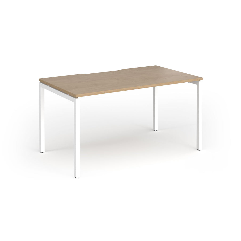 Rectangular desk with wood-effect top and white frame on a white background
