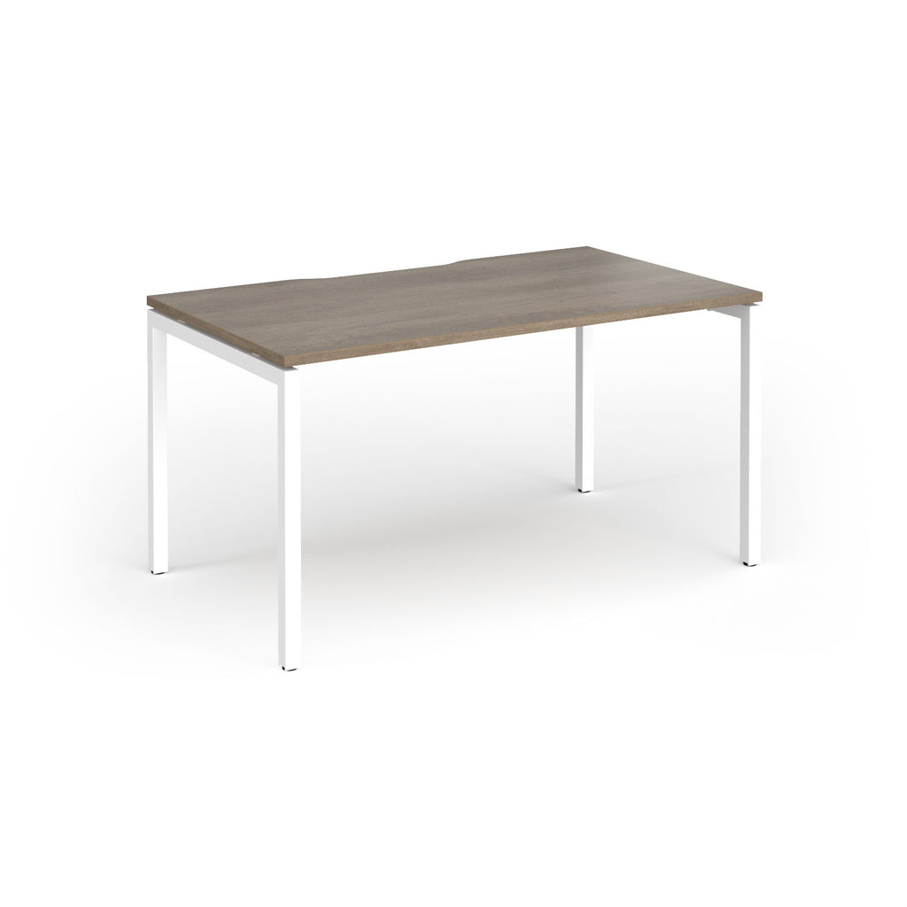 Rectangular desk with wood-effect top and white frame on a white background