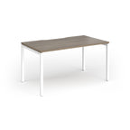 Rectangular desk with wood-effect top and white frame on a white background