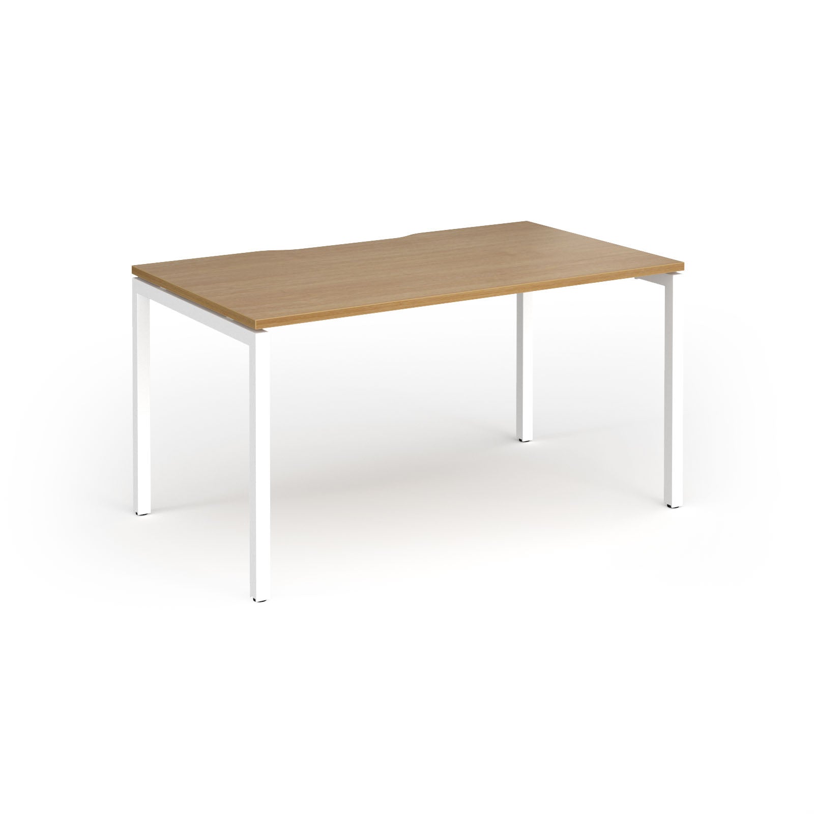 Rectangular desk with wood-effect top and white frame on a white background