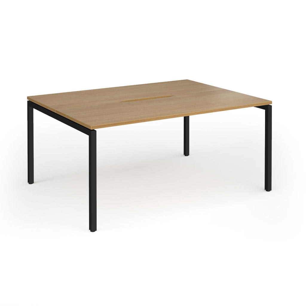 Back-to-back desk with wood-effect top and black metal frame on a white background