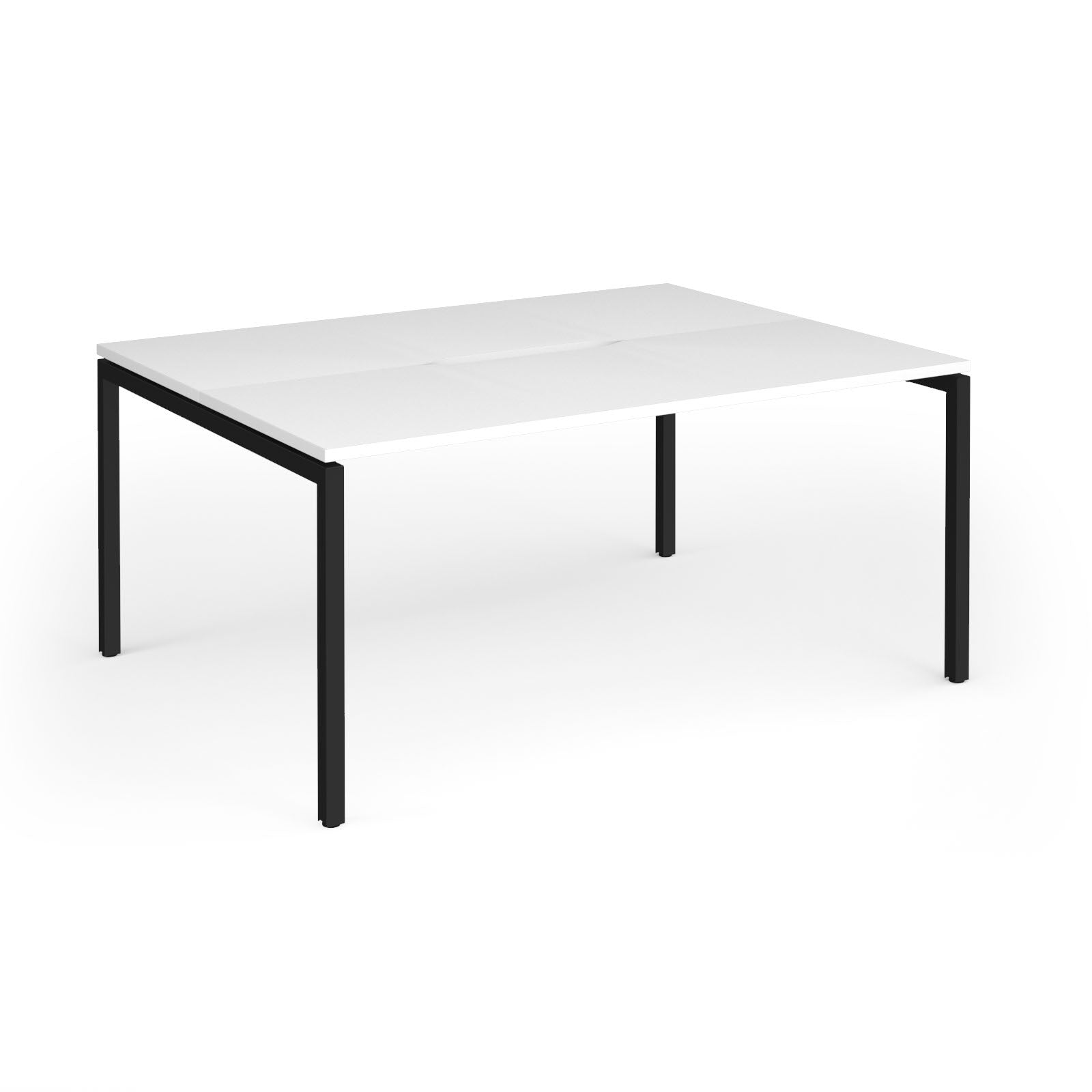 Back-to-back desk with white top and black metal frame on a white background