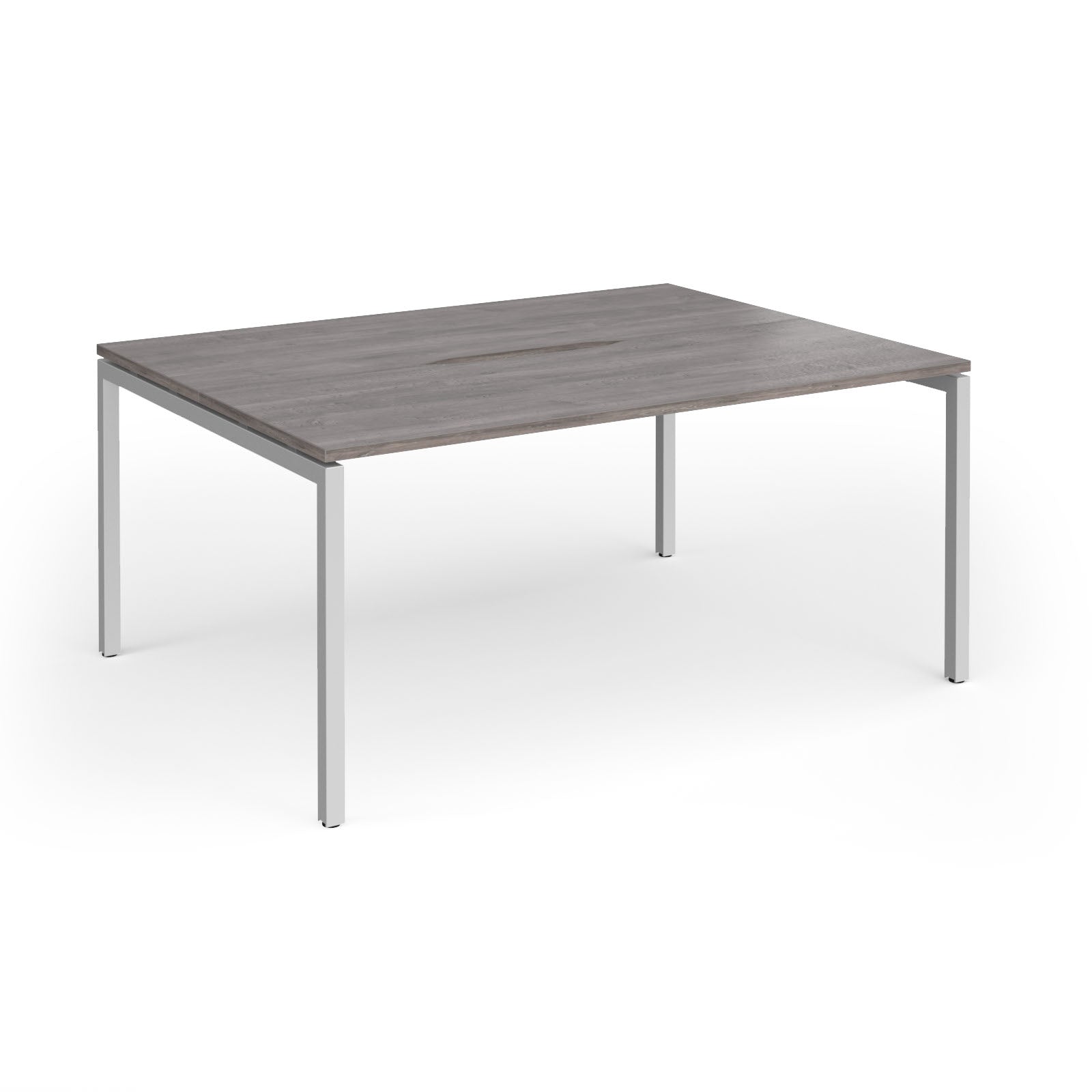 Back-to-back desk with grey wood-effect top and silver metal frame on a white background
