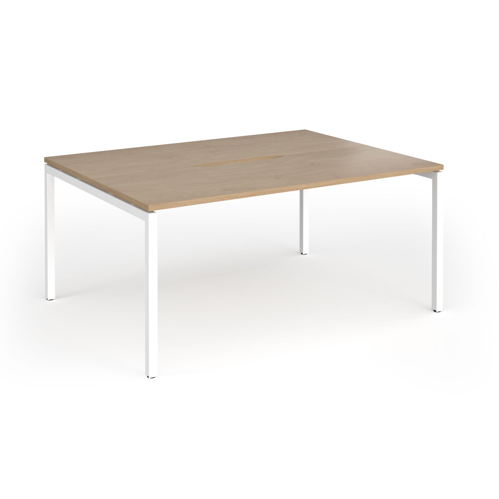 Back-to-back desk with wood-effect top and white metal frame on a white background