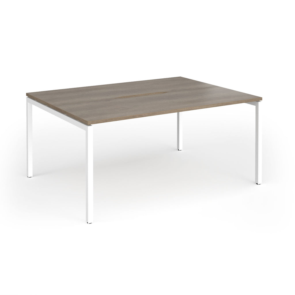 Back-to-back desk with wood-effect top and white metal frame on a white background