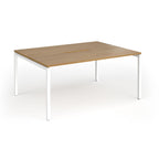 Back-to-back desk with wood-effect top and white metal frame on a white background