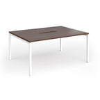 Back-to-back desk with wood-effect top and white metal frame on a white background
