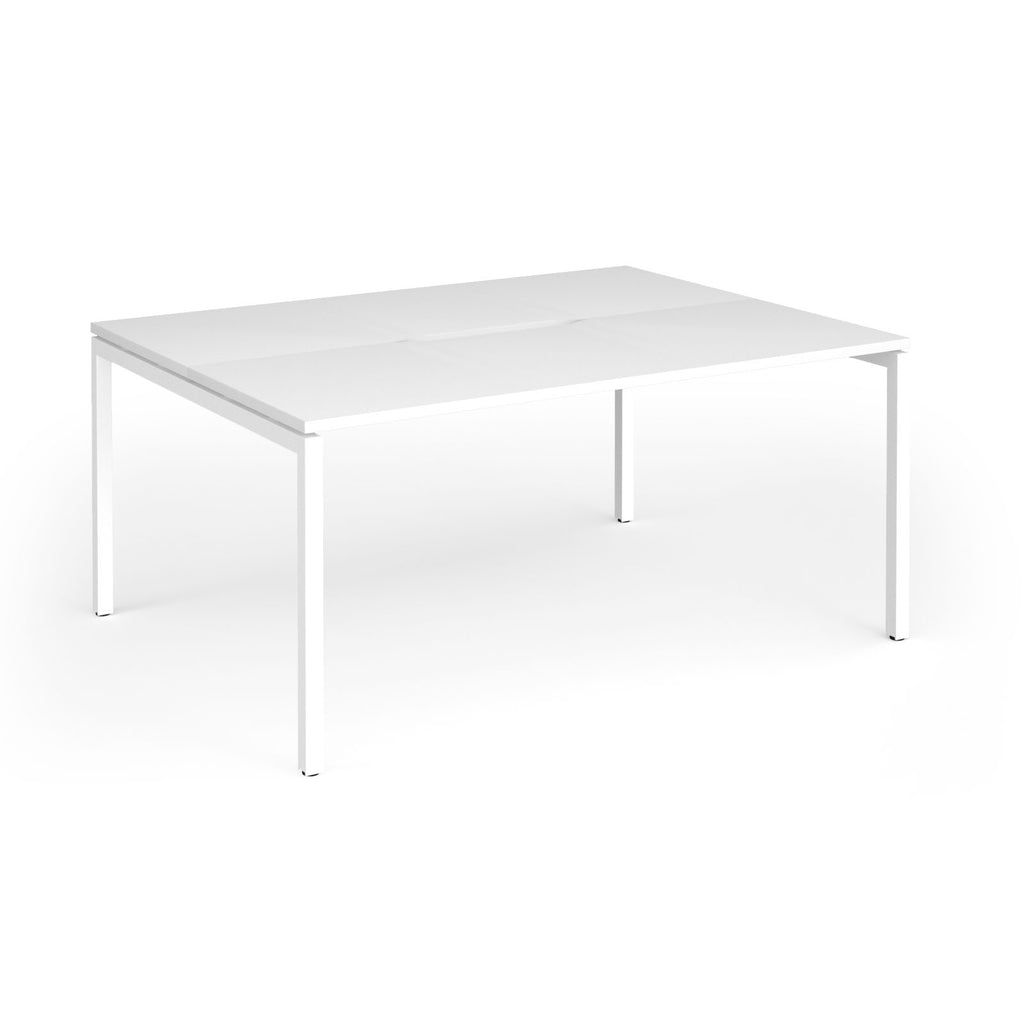 Back-to-back desk with white top and metal frame on a white background