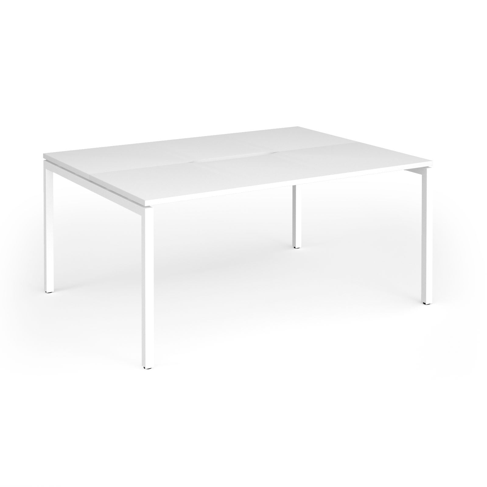 Back-to-back desk with white top and metal frame on a white background