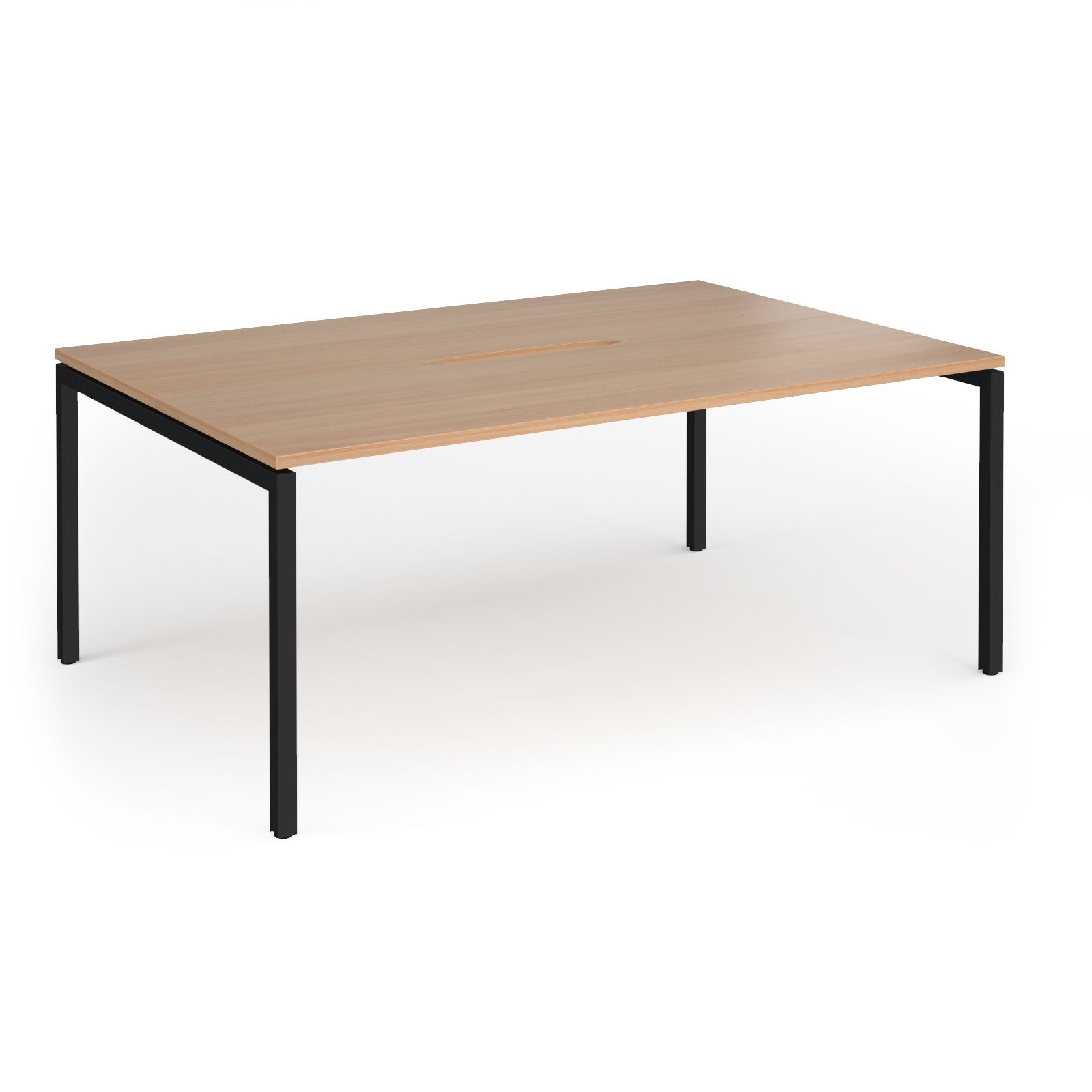 Back-to-back desk with wood-effect top and black metal frame on a white background