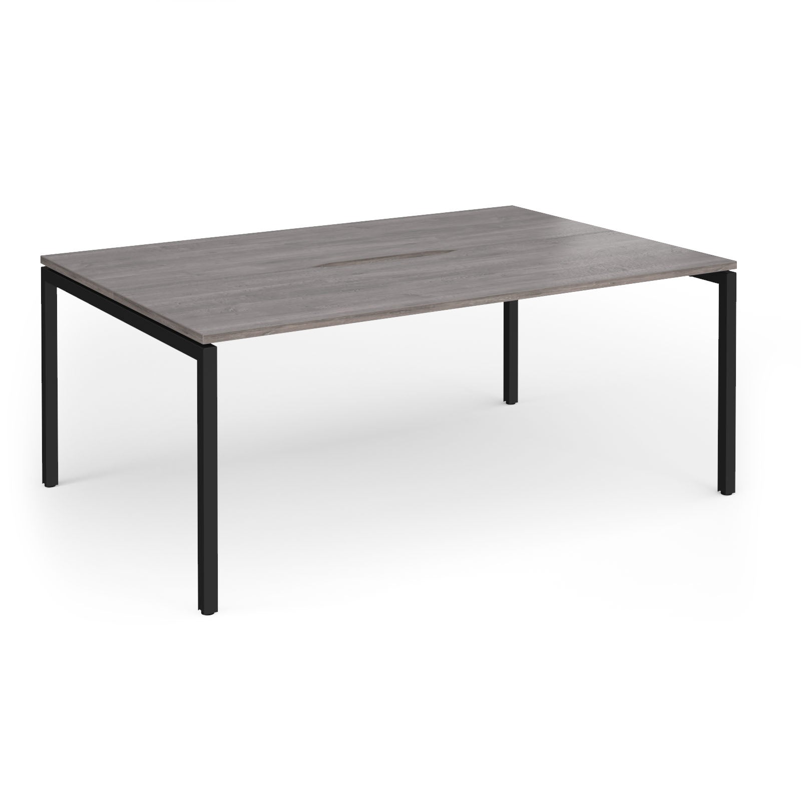 Back-to-back desk with grey wood-effect top and black metal frame on a white background